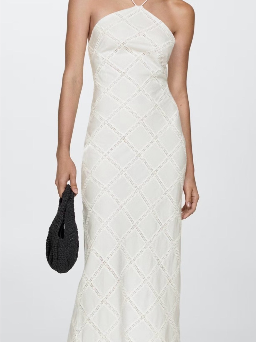 Mango Cream Halter-Neck Eyelet Maxi Dress